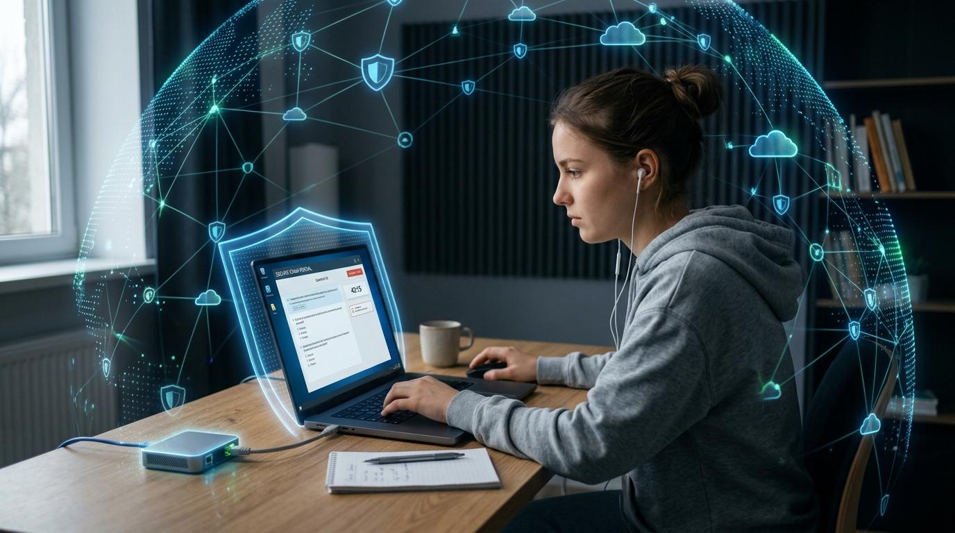 Student taking a secure online exam inside an isolated virtual desktop while cybersecurity shields and cloud infrastructure protect the environment.