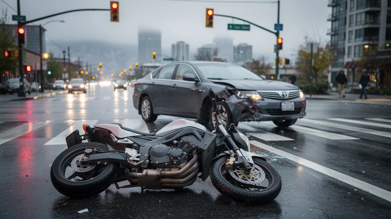 The image depicts a damaged motorcycle and a sedan involved in a left-turn collision at a Seattle intersection, with the motorcycle on the pavement and the car angled in the intersection. The wet road reflects city lights, and the Seattle skyline is faintly visible in the background, emphasizing the urban setting typical of motorcycle accidents in Seattle.
