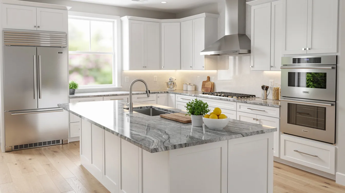 The image depicts a bright and modern kitchen featuring stainless steel appliances and elegant granite countertops, ideal for those seeking fully equipped accommodations in downtown Moncton. This inviting space is perfect for short term rentals, offering convenience and style for guests.