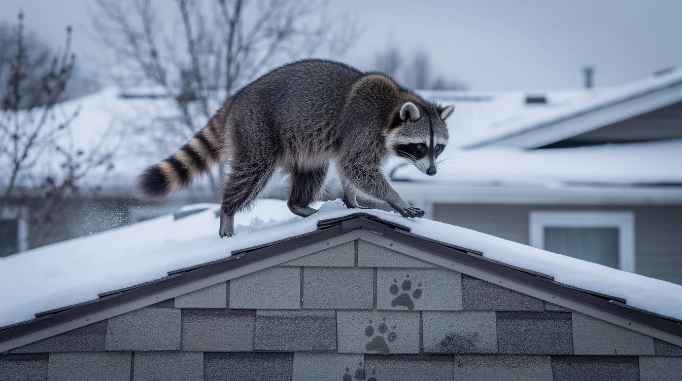 A raccoon is walking along the roofline of a residential building during winter, with snow covering the surface. This nocturnal animal, often seeking shelter from harsh weather, may be attracted to outdoor food sources like pet food, potentially leading to rodent activity and future infestations in the attic space.