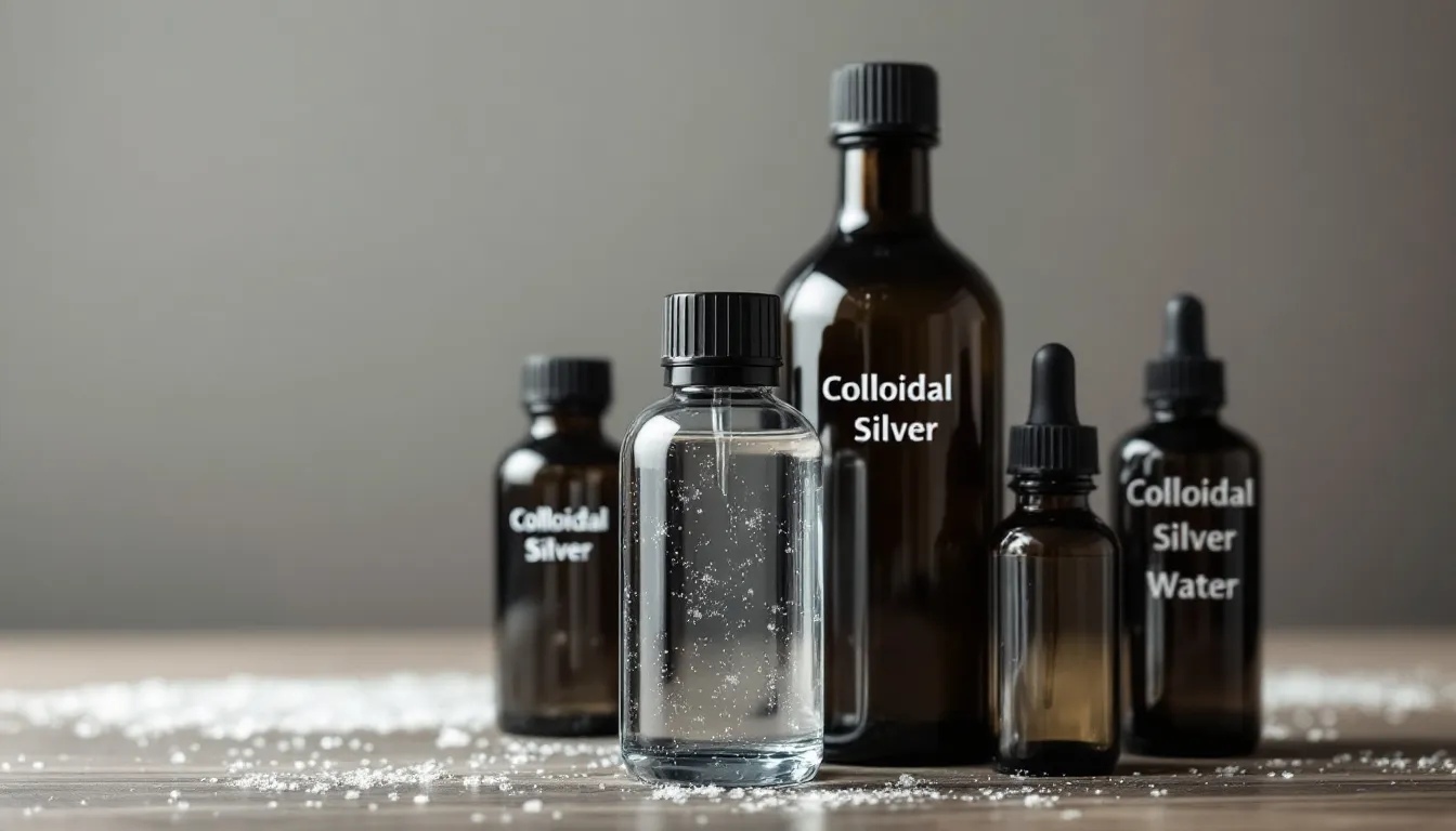 In der Abbildung sind verschiedene Darreichungsformen von kolloidalem Silberwasser in dunklen Glasflaschen zu sehen, die die Qualität und Wirksamkeit des Produkts betonen. Die Flaschen enthalten Lösungen mit Silberpartikeln, die als potenzielles Heilmittel gegen Krankheiten beworben werden.