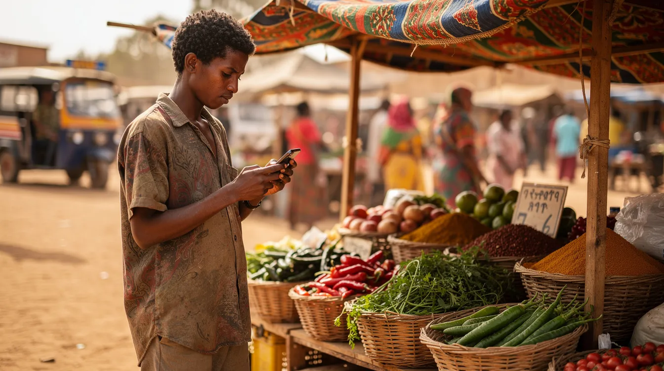 A person is engaged in a transaction using a mobile phone at a small outdoor market stall in an Ethiopian town, highlighting the growing adoption of mobile money services and digital financial services in Ethiopia's mobile money market. This scene reflects the increasing use of mobile wallets for payments and financial inclusion in the local economy.