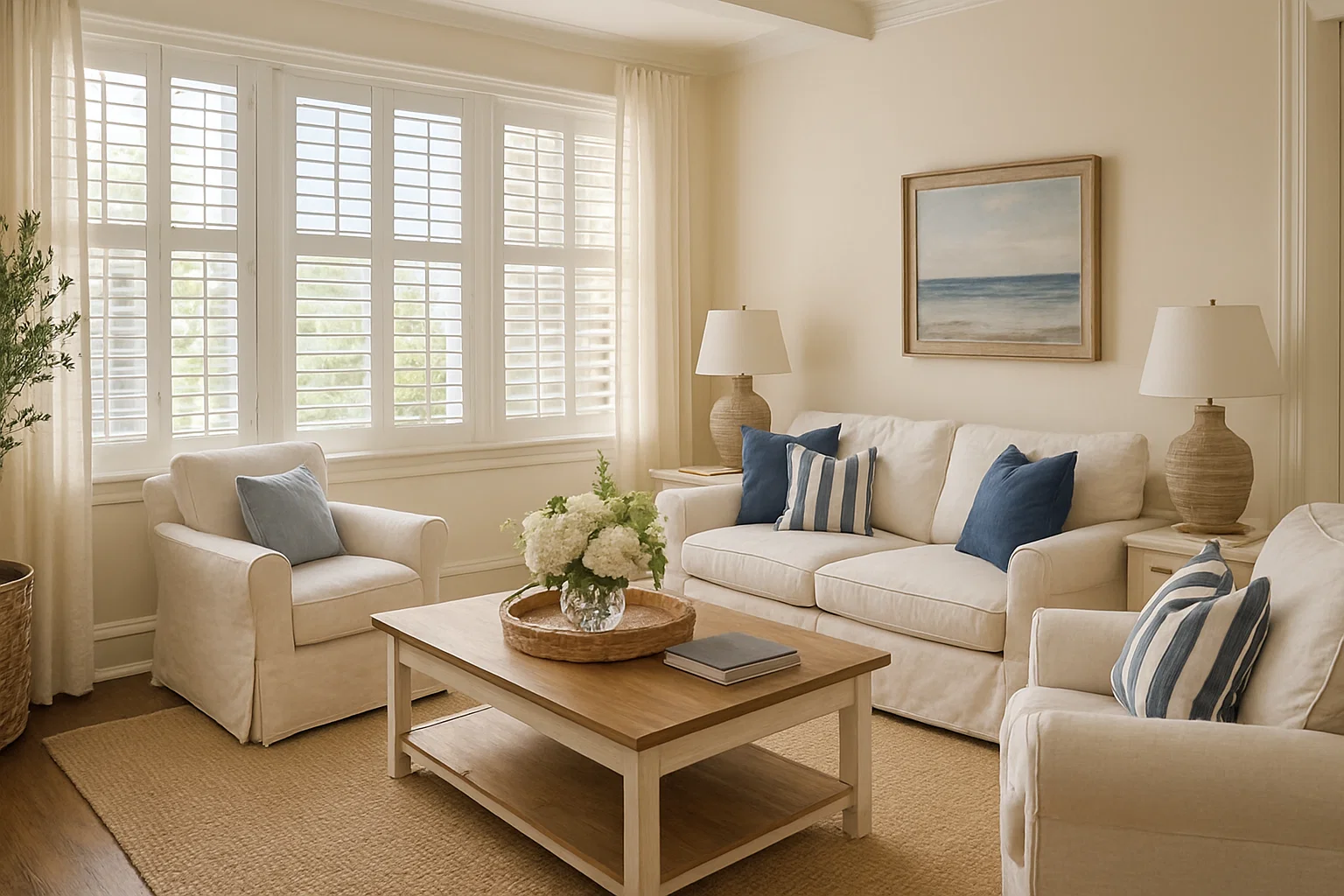 Plantation shutters providing insulation and comfort throughout the year in a bright coastal-style living room.