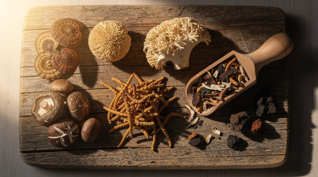 The image features an assortment of dried functional mushrooms, including organic turkey tail and lion's mane, neatly arranged on a rustic wooden cutting board alongside a small wooden scoop. These medicinal mushrooms are known for their health benefits, such as immune support and gut health, making them an excellent choice for those seeking to enhance their overall wellness.
