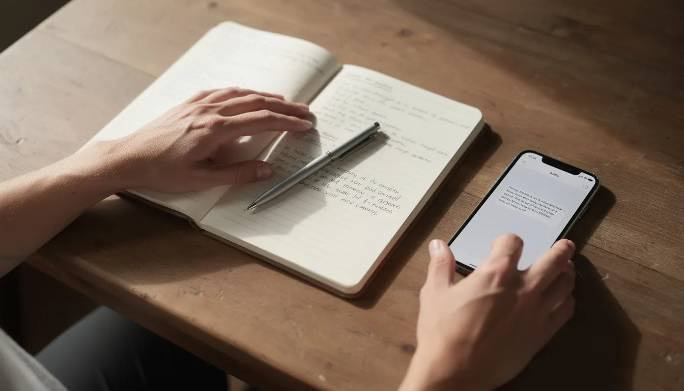 A person's hands are seen using a paper notebook and a smartphone on a wooden table, effectively planning their important tasks for the following day. This scene illustrates the use of productivity methods, such as the Ivy Lee method, to prioritize and accomplish six important tasks while reducing decision fatigue.