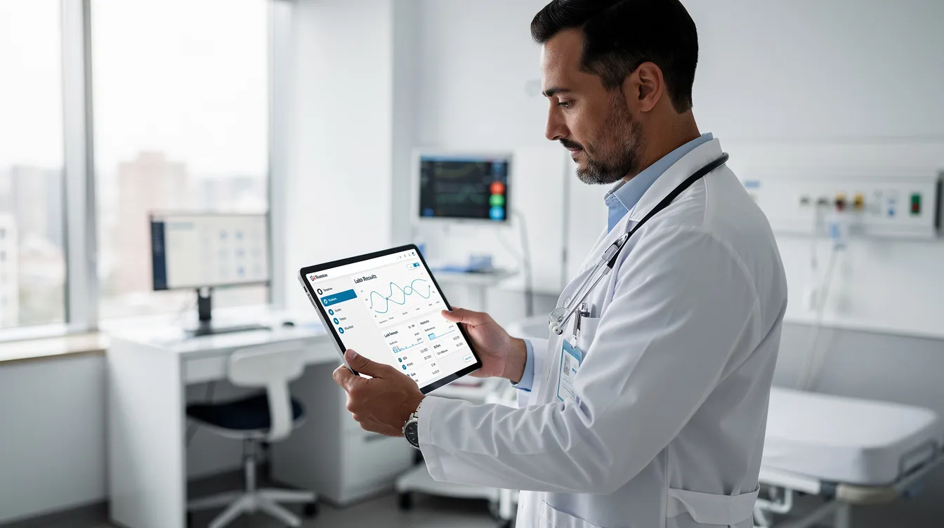 A doctor in a modern clinic is focused on reviewing patient information on a digital tablet, demonstrating how technology is being integrated into the healthcare industry to assist clinicians in making better decisions. This scene highlights the evolving role of human workers in healthcare jobs amidst advancements in artificial intelligence and automated processes.