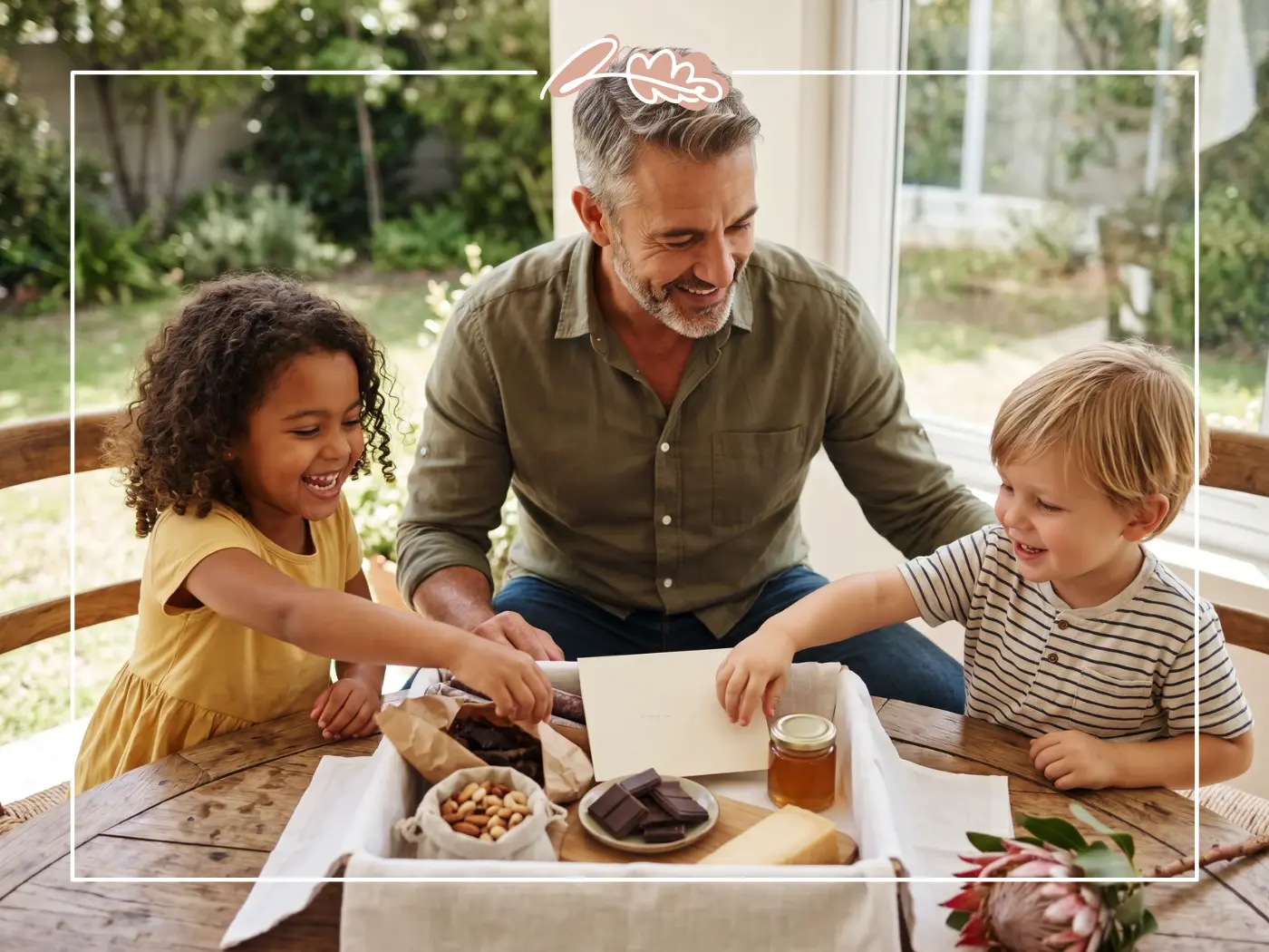 Father unpacking a Fabulous Flowers Father's Day biltong, nuts, chocolate, and honey hamper with his two grandkids