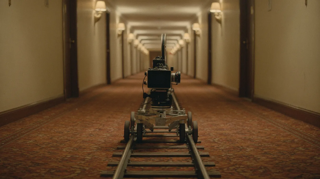 In einem langen, leeren Hotelflur mit gemusterten Teppichen und symmetrischen Wänden steht eine Filmkamera auf einem Dolly, die an die Filmset-Atmosphäre der späten 1970er Jahre erinnert. Diese Szene könnte aus einem Klassiker wie "The Shining" stammen, der im berühmten Overlook Hotel spielt und von Regisseur Stanley Kubrick inszeniert wurde.