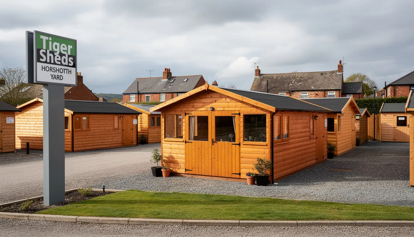 The image depicts a selection of high-quality tiger sheds and garden buildings at a site in Horsforth, showcasing various models such as summerhouses and log cabins, surrounded by greenery. This outdoor space is designed to provide ideal storage solutions and comfortable areas for leisure, reflecting the craftsmanship and quality standards of the tiger brand.