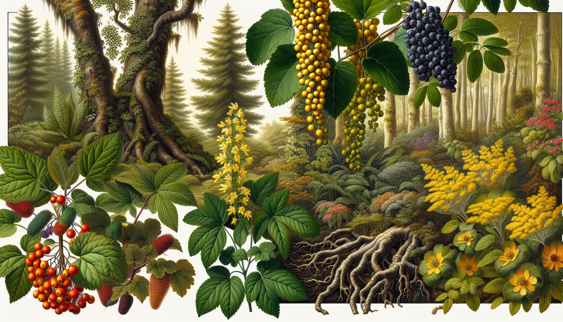 Illustration of various plants containing berberine