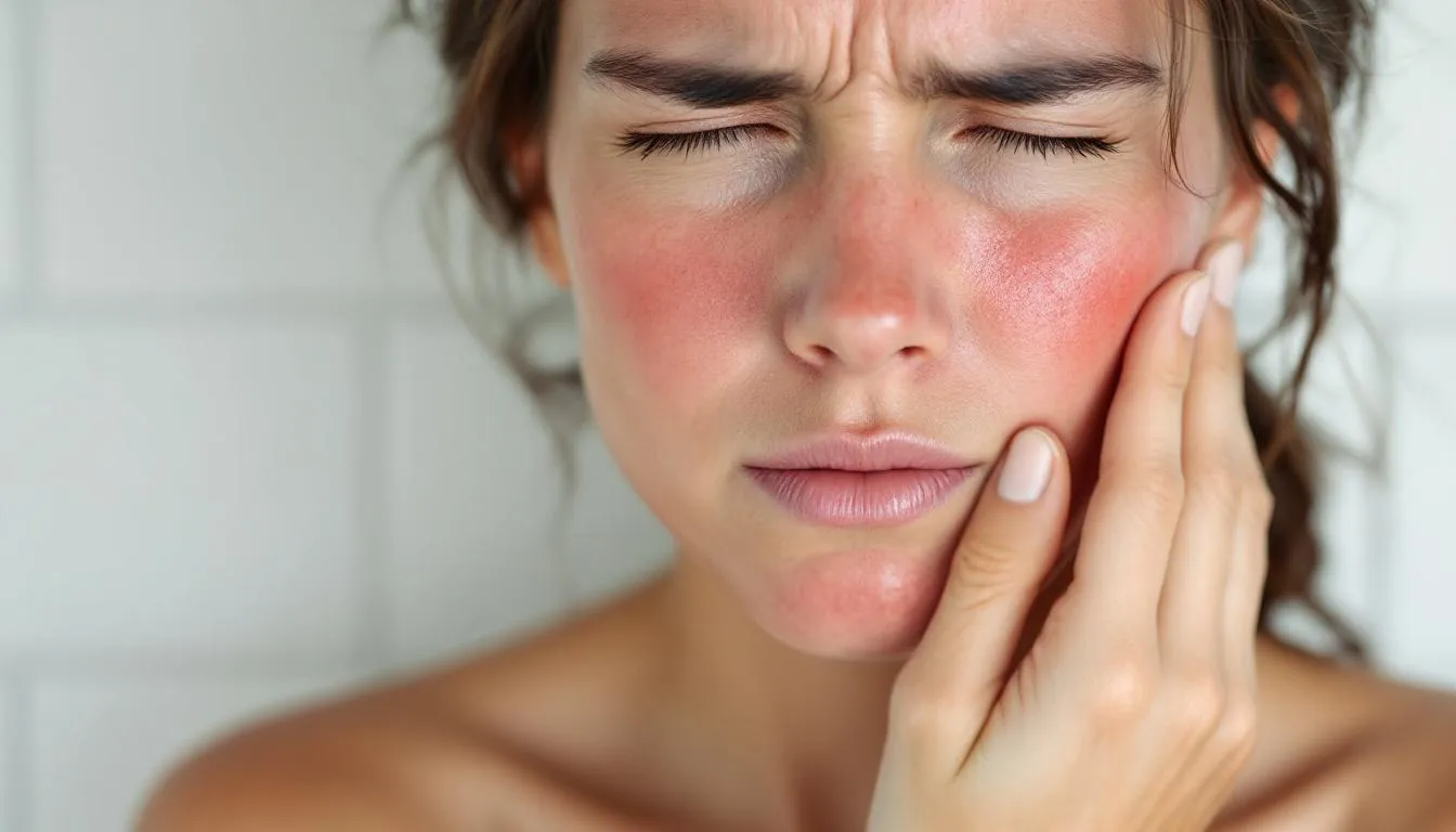 A person is gently touching their face, which displays visible signs of redness and sensitivity, indicative of rosacea symptoms. The image highlights the importance of using gentle, chemical-free skincare products like goat milk soap to help manage irritated skin and maintain healthy skin texture.