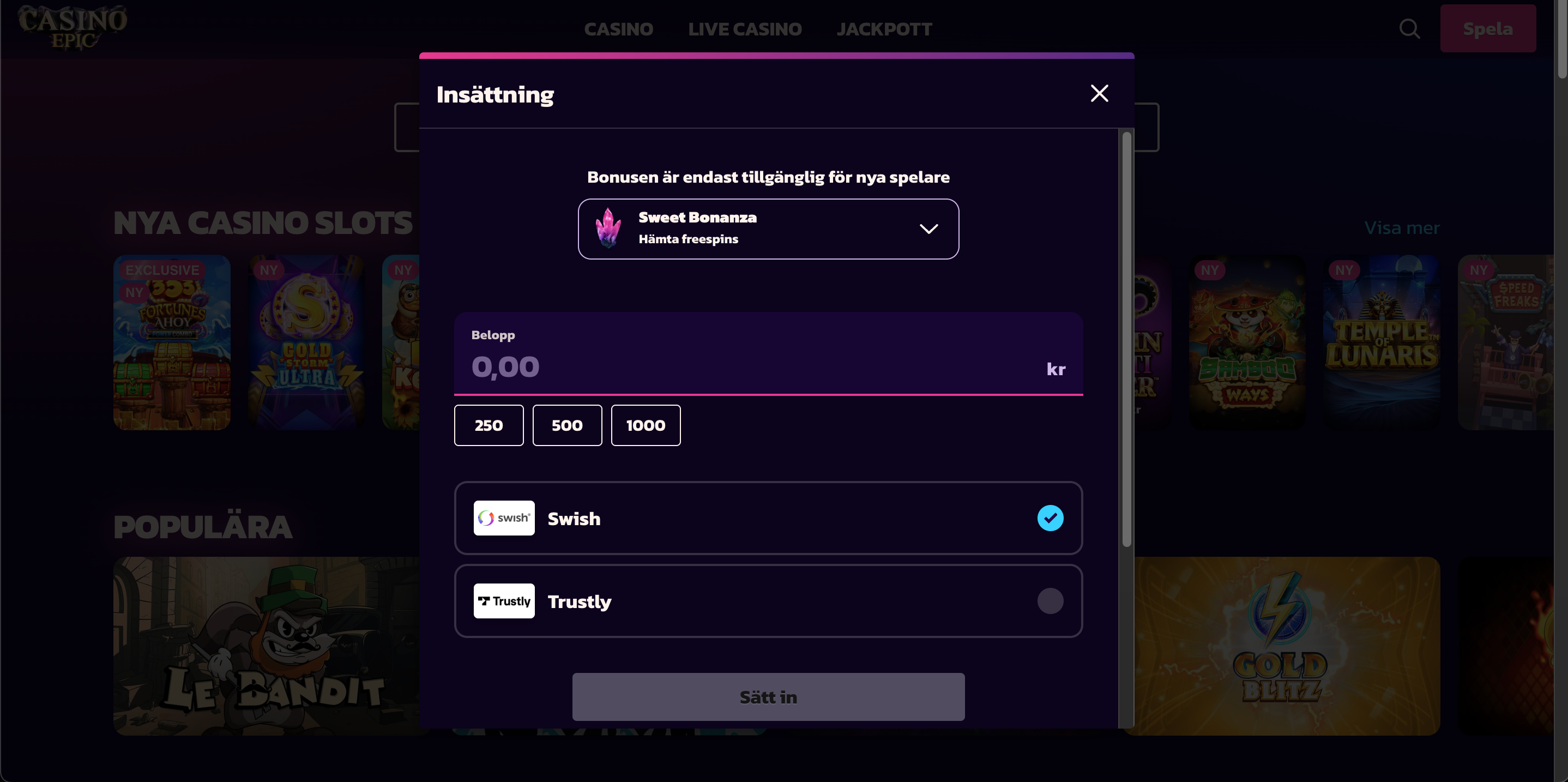 casino epic betalningsmetoder vid logga in - Swish & trustly