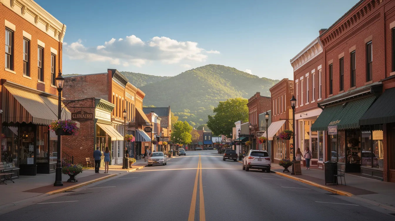The image depicts a picturesque downtown street in East Tennessee, featuring charming storefronts and majestic mountains in the background. This vibrant scene highlights the importance of property owners maintaining safe conditions to prevent premises liability accidents for visitors and residents alike.