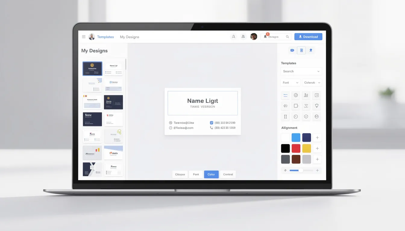 The image shows a clean and modern interface of a free business card maker, featuring various professional business card templates and editing tools for easy customization. Users can create personalized business cards with just a few clicks, utilizing options for brand colors and layouts.