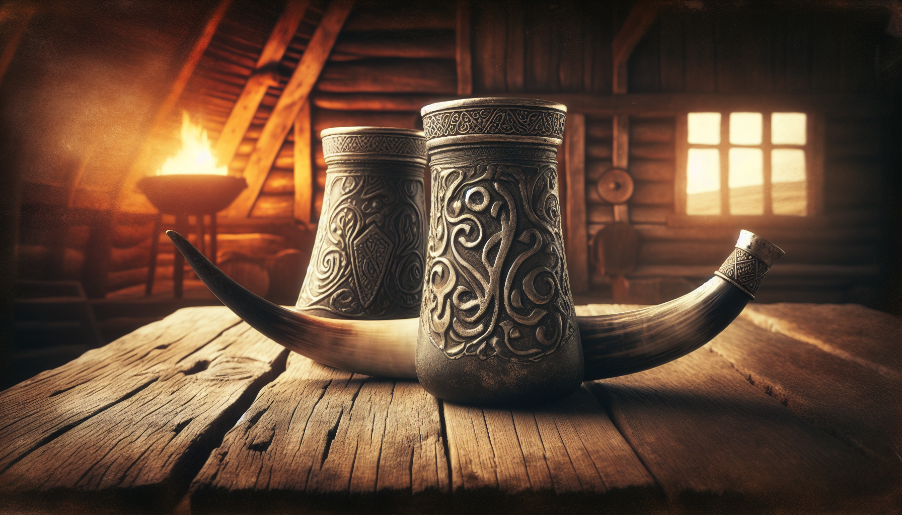 Viking drinking horns on a wooden table