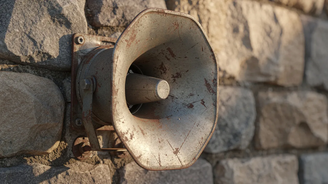 Ein alter Metallautsprecher ist an einer steinernen Mauer befestigt, während Sonnenstrahlen schräg darüber fallen und eine melancholische Atmosphäre erzeugen, die an die Themen von "Die Verurteilten - The Shawshank Redemption" erinnert. Der Anblick weckt Erinnerungen an die Geschichten von Freundschaft und Hoffnung im Shawshank Gefängnis.