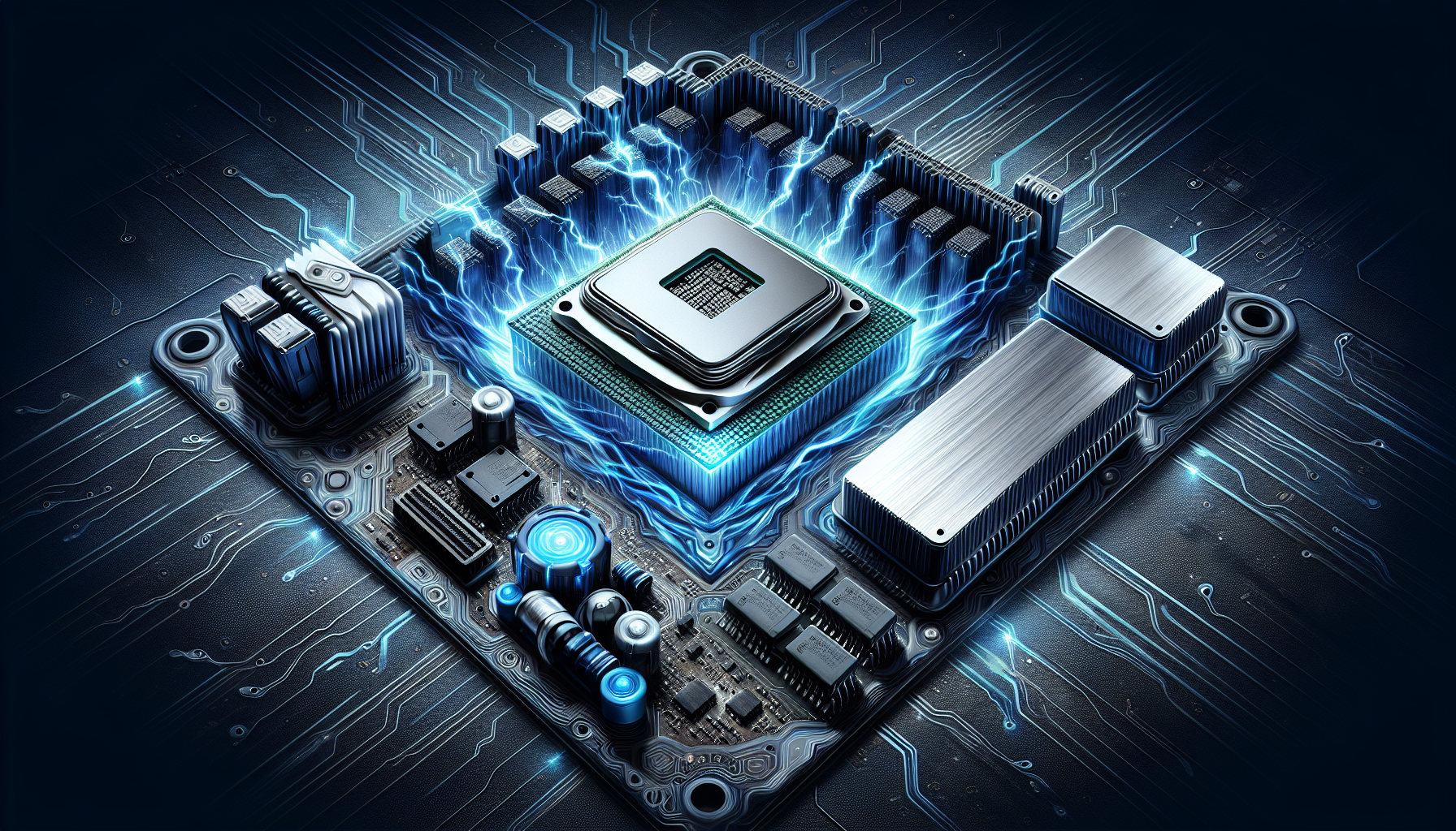 Illustration of car CPU components like memory, processors, and circuit boards