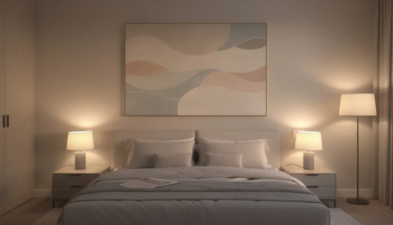 A serene bedroom features a large abstract oil painting above the headboard, illuminated by soft lighting that creates a calming atmosphere. The artwork serves as a focal point, enhancing the room