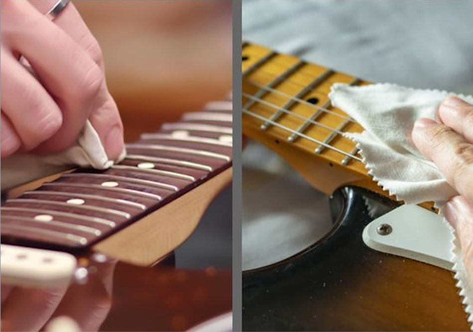 cleaning guitar parts with a microfiber cloth