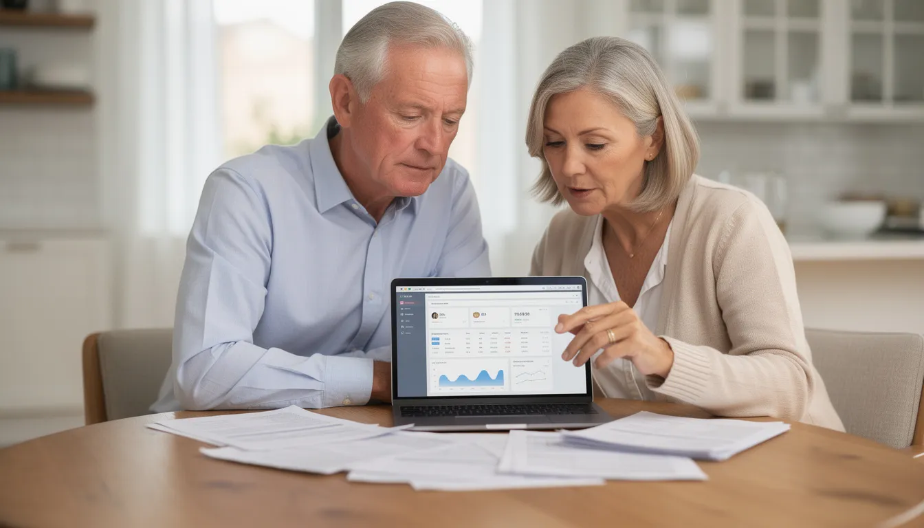 The image depicts a couple in their 60s sitting at a table, engaged in reviewing financial documents while a laptop is open in front of them. They appear focused on their retirement plan, likely discussing aspects such as required minimum distributions (RMDs) and annuity income to ensure a secure financial future.