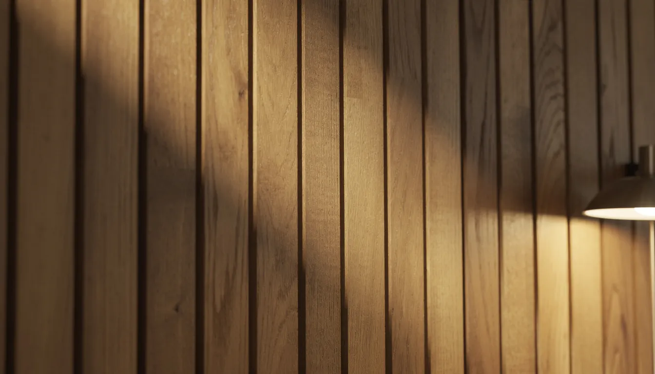 Close-up van een verticale eiken lattenwand die een warme uitstraling heeft door het licht van een designlamp, die schaduwen werpt tussen de latten. Deze wandpanelen geven de woonkamer een moderne en natuurlijke uitstraling, terwijl ze ook akoestische voordelen bieden.