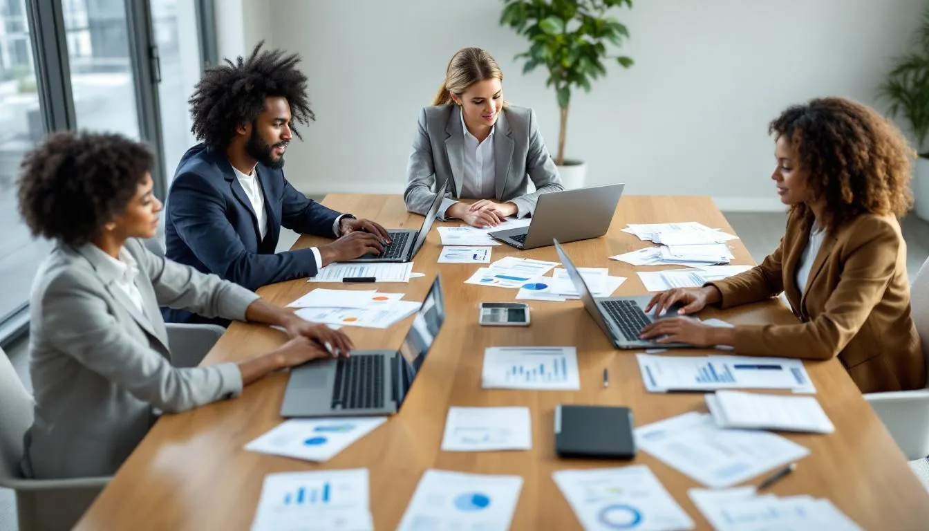A business team is gathered around a conference table, reviewing marketing performance data on their laptops, with papers and charts spread across the surface. They are discussing effective marketing strategies and the best marketing channels to reach their target audience.