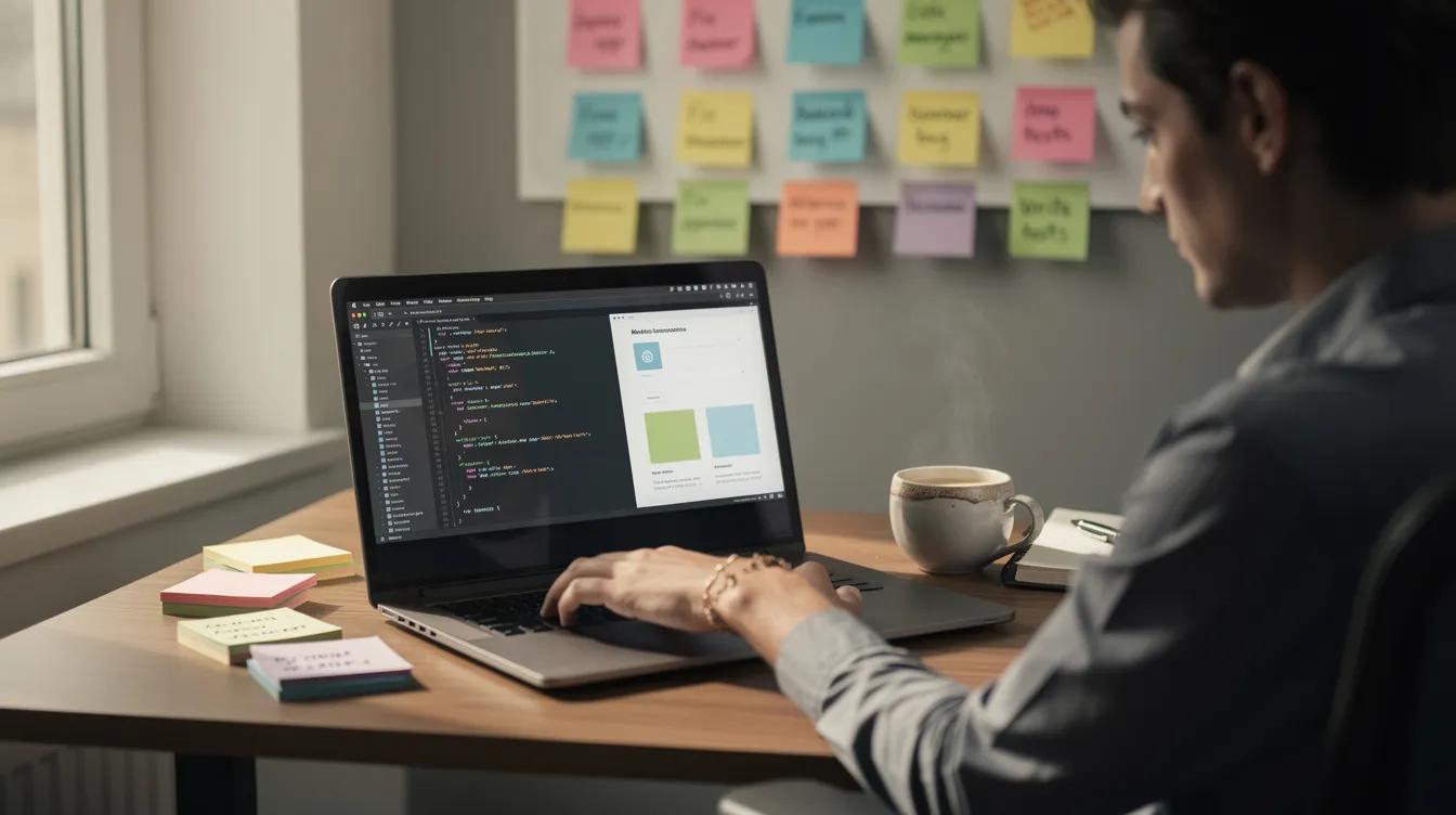 A person building a web app on a laptop surrounded by sticky notes
