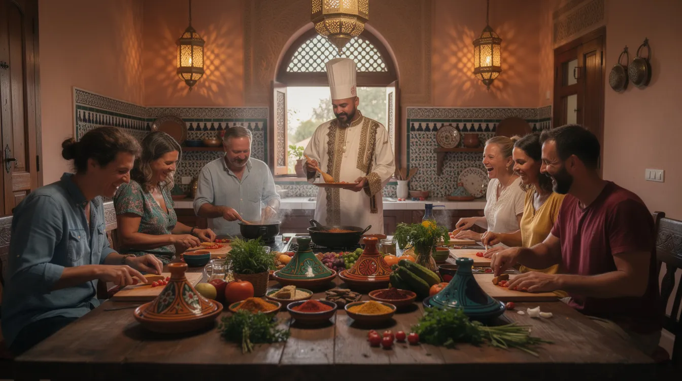 A group of travelers is gathered around a warm kitchen, engaging in a traditional Moroccan cooking class, where they learn to prepare local dishes amidst the cozy atmosphere. The scene captures the essence of visiting Morocco in December, with participants dressed in warm clothing, enjoying the mild winter weather typical of the region.
