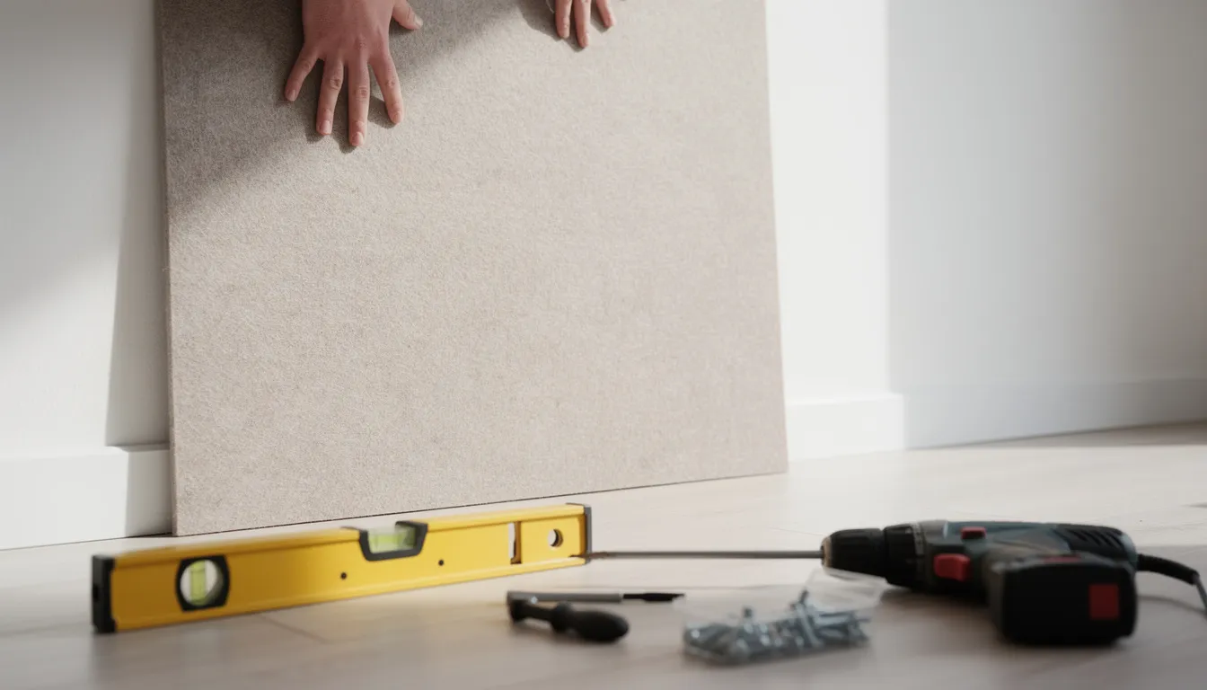 Twee handen drukken een beige vilt wandpaneel tegen een witte muur, terwijl een waterpas en gereedschap op de voorgrond zichtbaar zijn. Dit prachtige product is ideaal voor het verbeteren van de akoestiek in verschillende interieurs, zoals een woonkamer of kantoor.