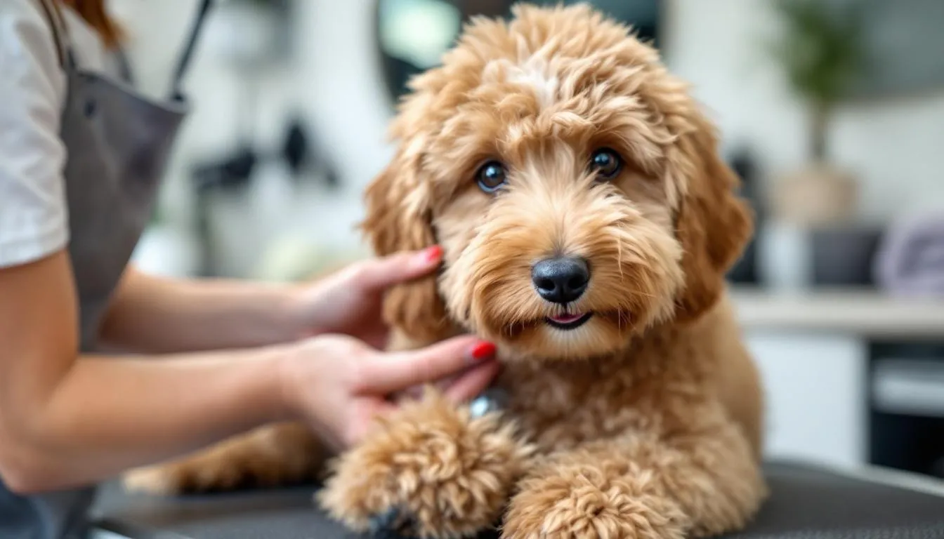 A happy mini goldendoodle is being groomed, showcasing its curly coat and playful demeanor during a grooming session, emphasizing the importance of proper coat care for this low-shedding breed. This adorable puppy is a wonderful addition to any family, providing companionship and joy.