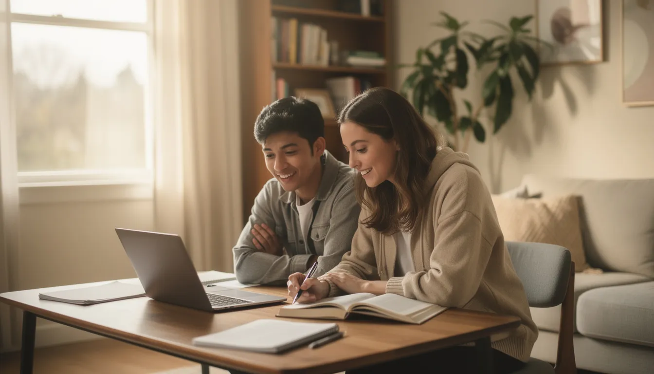 Ein Student sitzt an einem Tisch in seinem Zimmer und gibt Nachhilfeunterricht. Auf dem Tisch liegen Bücher und Notizen, während der Student dem Lernenden mit einem Lächeln erklärt, was eine flexible Möglichkeit für einen Nebenjob während des Studiums darstellt.