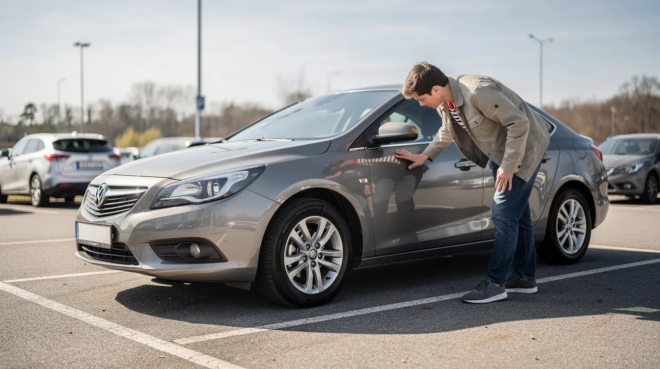 Una persona ispeziona con attenzione la carrozzeria di un'auto a noleggio alla luce del giorno.