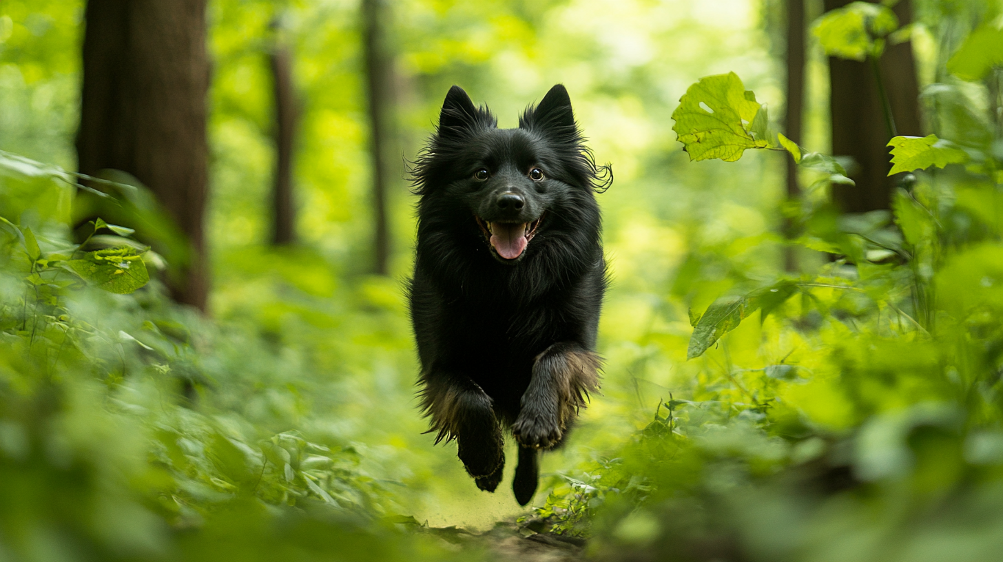 A Swedish Lapphund running on a forest trail