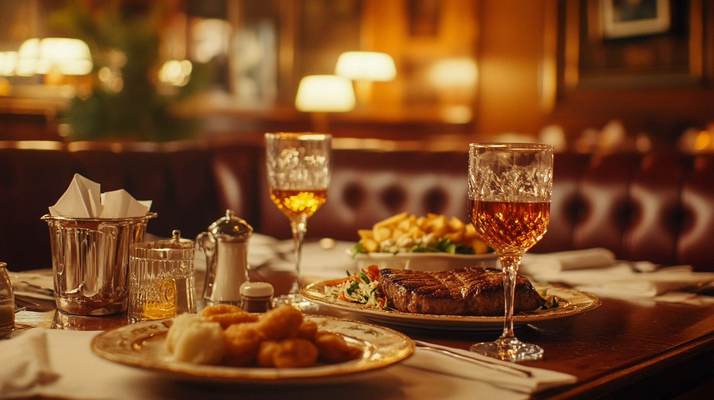 polished wooden table set with crisp white linens, vintage china, and sparkling cutlery, gleaming crystal glasses with brandy old-fashioneds, platters have seared prime rib, golden fried fish