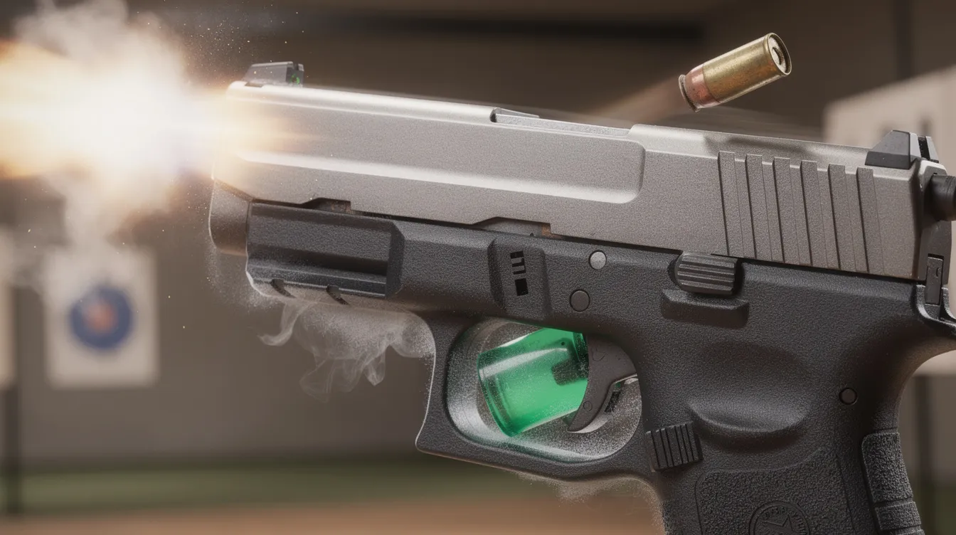 A close-up view of a gas blowback pistol slide cycling, showcasing the realistic movement and mechanics of a gas powered airsoft pistol, with a green gas magazine inserted for consistent power and performance. The image highlights the full metal construction and detailed design, making it an ideal choice for serious airsoft players seeking accuracy and reliability in their gameplay.