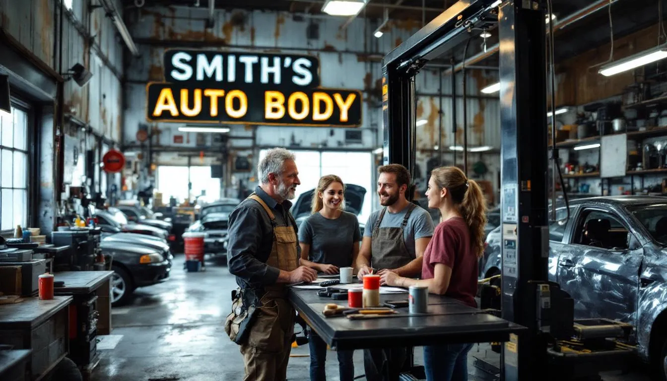 A family-owned body shop is exploring the latest equipment options to enhance their maintenance services, considering financing solutions and payment requirements to manage equipment purchases and stay competitive in the automotive industry. The image captures the shop's owners discussing potential upgrades and financing programs tailored for auto repair businesses.