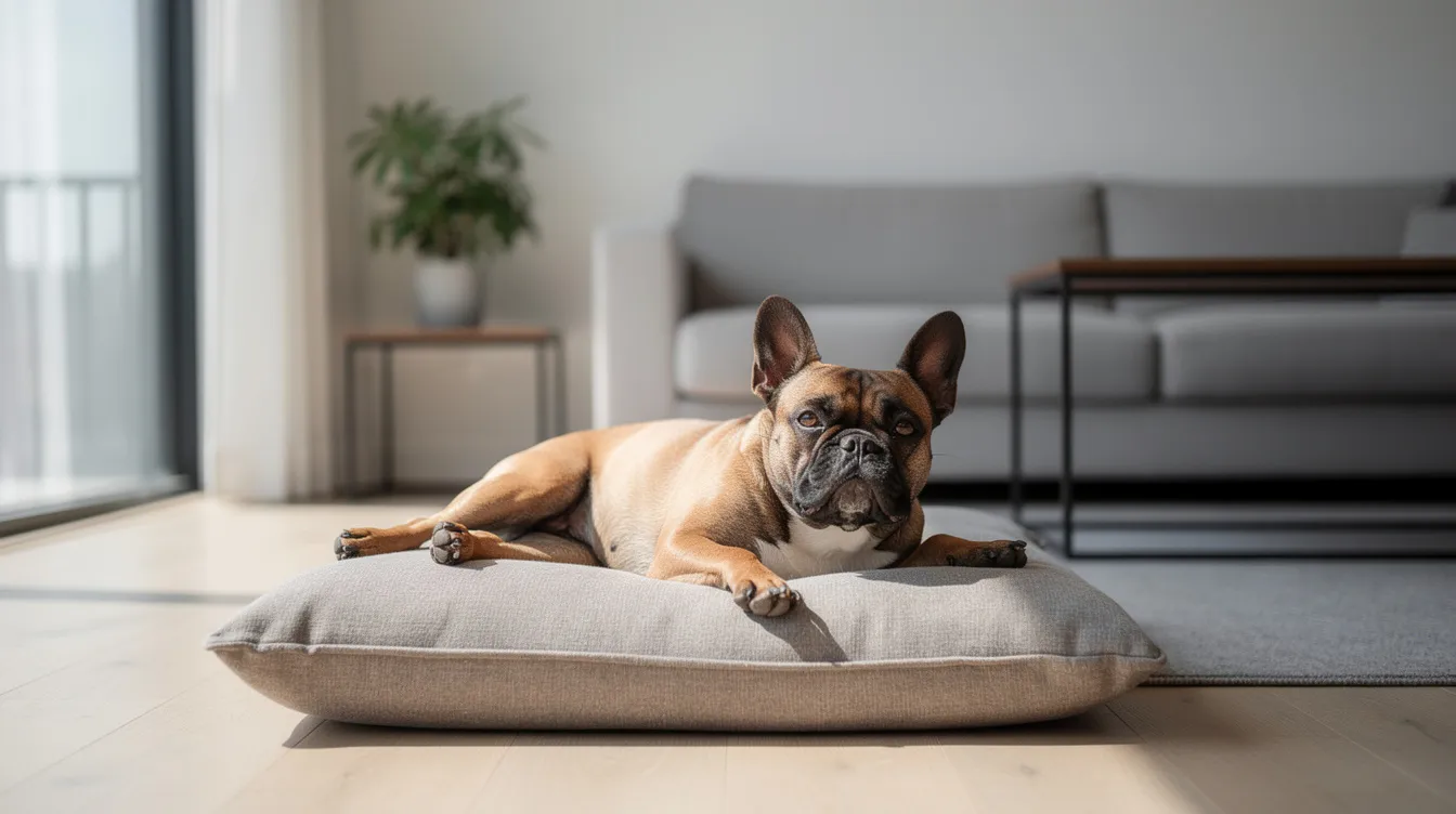 A French Bulldog is lounging comfortably on a soft cushion inside a modern apartment, showcasing its friendly personality and sweet nature. This popular dog breed is known for being an affectionate breed, making it a great companion for families and dog owners alike.