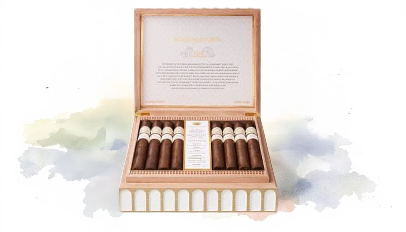The elegant packaging of Romeo y Julieta cigars, with a focus on the box design while keeping the brand name obscured.