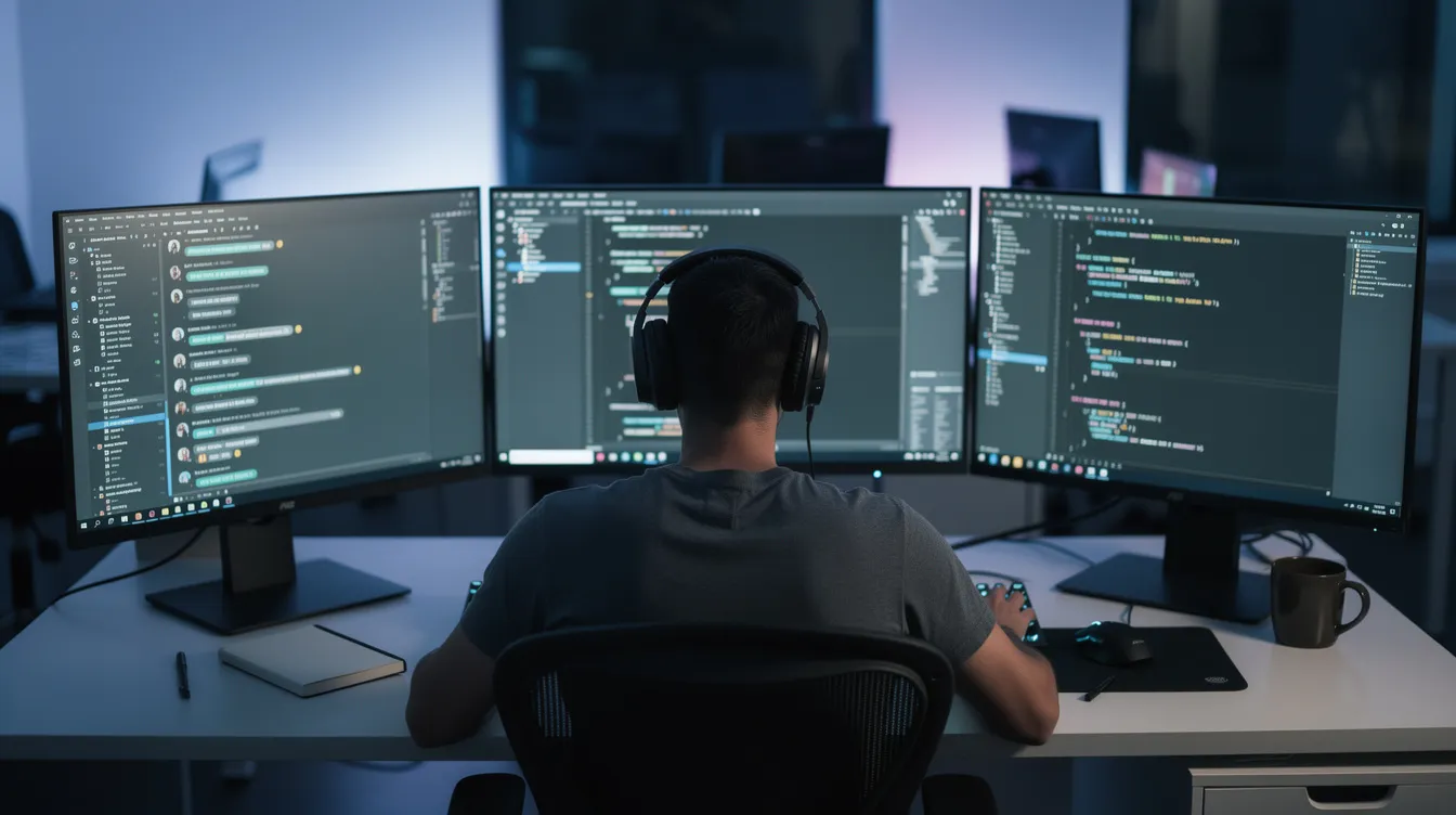 The image depicts a person sitting at a desk surrounded by multiple computer screens displaying chat interfaces and code editors, illustrating a workspace focused on prompt engineering techniques for AI systems. The setup emphasizes the importance of crafting effective prompts and managing complex tasks, essential skills in the field of natural language processing and generative AI.