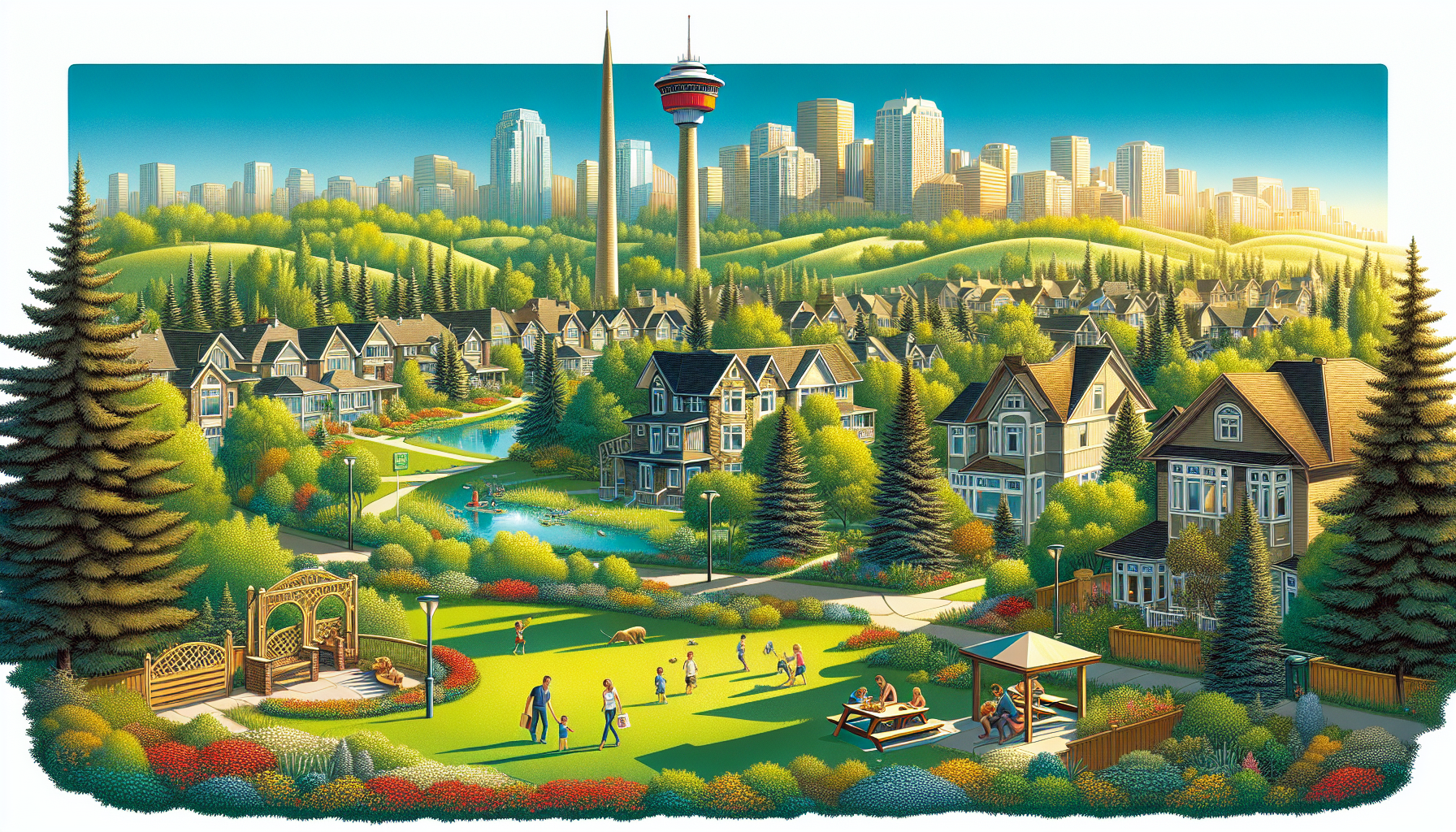 An illustration depicting prime locations in Southwest Calgary, highlighting the urban landscape mixed with natural beauty.