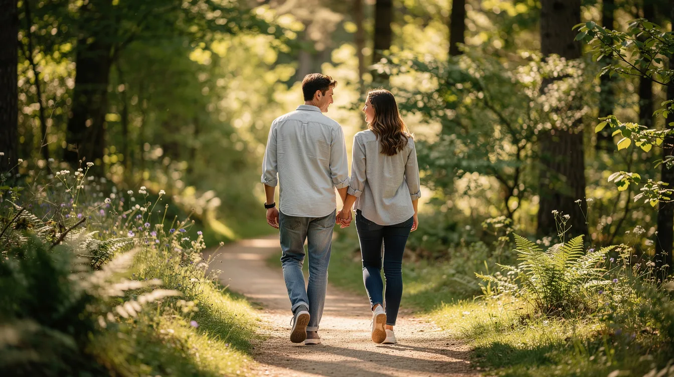 A young couple is walking hand in hand along a serene nature trail, showcasing their emotional connection and physical closeness as they enjoy each other's company. This moment reflects the early stages of their intimate relationship, emphasizing the importance of building intimacy and relationship satisfaction through shared experiences in a beautiful setting.
