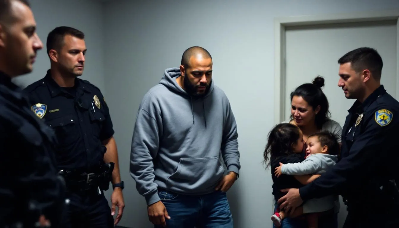 The image depicts a Nashville citizen, who has allegedly violated an order of protection, being separated from their family, highlighting the serious implications of domestic abuse and the legal consequences under Tennessee law. The scene illustrates the emotional distress faced by both the victim and the respondent, emphasizing the importance of protection orders in preventing immediate and present danger.