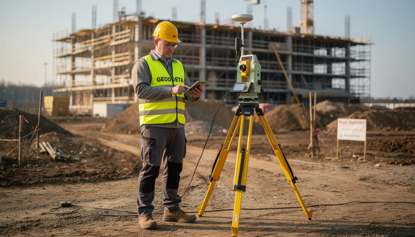 Na placu budowy widoczny jest geodeta, który korzysta z nowoczesnego sprzętu pomiarowego, aby precyzyjnie określić teren. W tle można dostrzec elementy związane z instalacją stacji ładowania samochodów elektrycznych, co wskazuje na rosnące znaczenie pojazdów elektrycznych w budownictwie.