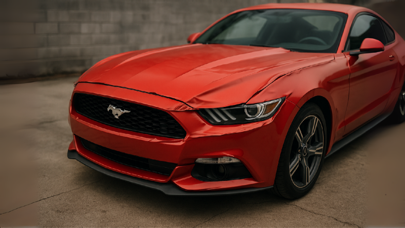 Edges lifting of a mustang wrapped with red vinyl due to poor installation