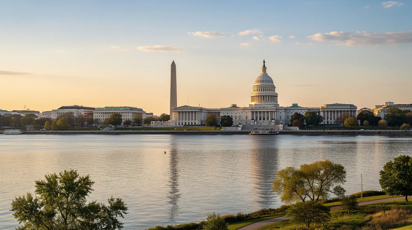 A panoramic view of the Washington D.C. skyline showcases the iconic Capitol dome and various monuments along the Potomac River, representing the nation's history and governance. This image reflects the city's significance in discussions surrounding gun laws and the Second Amendment, as well as its role in the enforcement and regulation of firearms ownership.