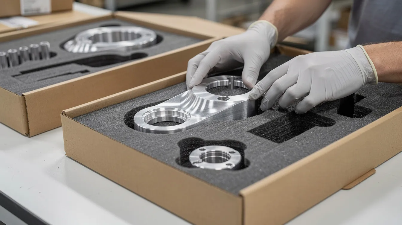The image depicts CNC machined parts being meticulously packaged in foam-lined boxes, ensuring their safety for international shipping. This careful process highlights the commitment of top CNC machining companies to provide reliable CNC machining services while maintaining high precision and quality control.