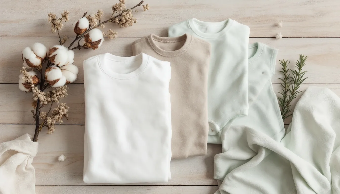 The image features neatly folded organic cotton baby clothes in soothing neutral tones of white, beige, and pastel green, arranged on a wooden surface. Surrounding the clothing are natural elements like cotton branches and linen, creating a charming display ideal for an eco-friendly baby shower gift guide.