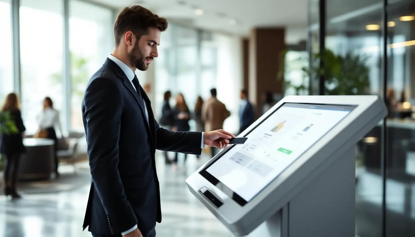 A hotel guest is using a contactless payment card at a modern check-in terminal, showcasing a seamless payment experience with the hotel payment system. The terminal is designed for secure payments, allowing guests to easily process transactions using their preferred payment method.