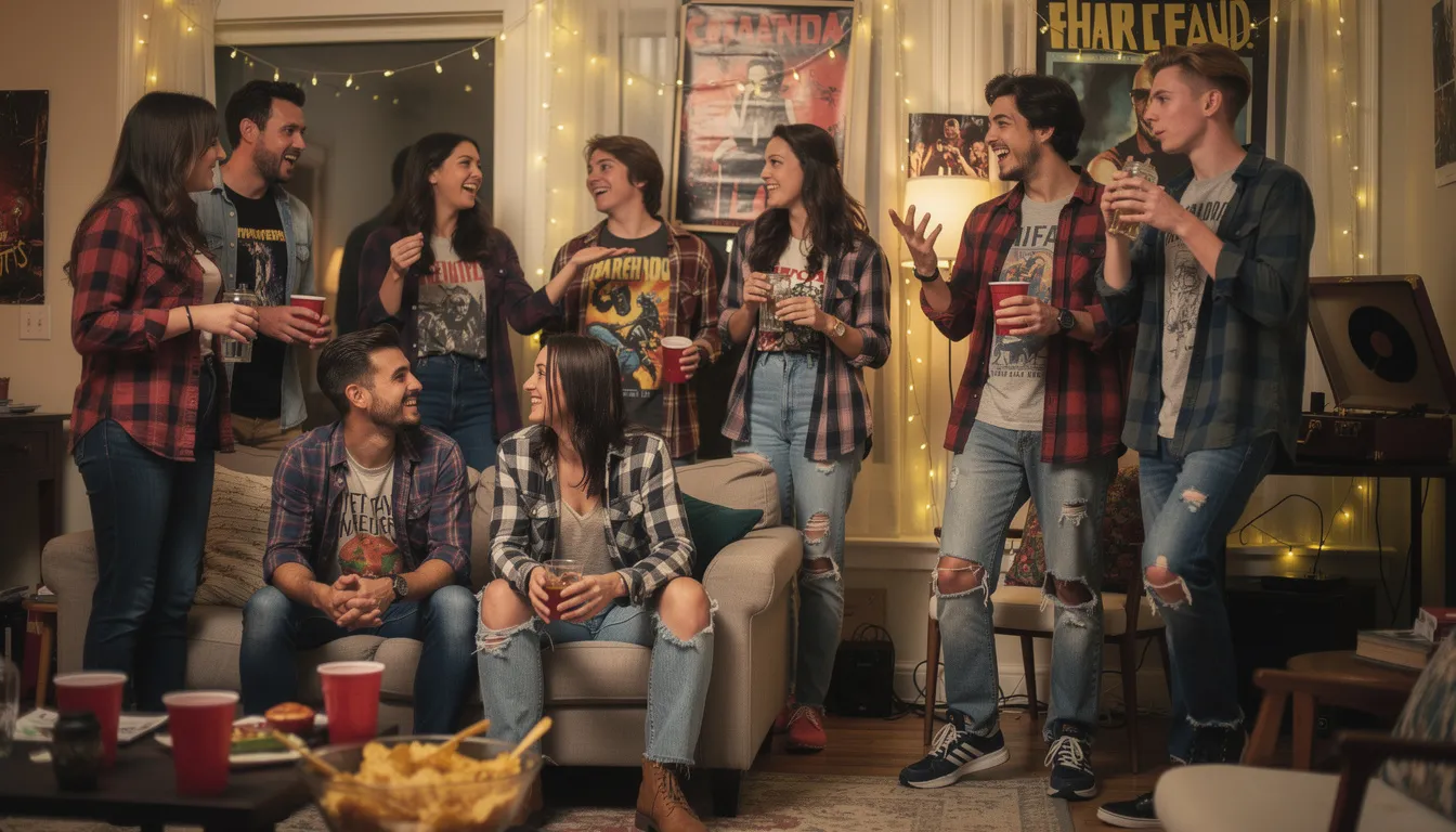 A lively group of young people at a casual party showcases a mix of grunge fashion, with many wearing plaid flannel shirts, band tees, and ripped jeans, embodying the relaxed and rebellious spirit of the 90s grunge movement. The atmosphere is vibrant, reflecting a love for music and the timeless style inspired by iconic grunge bands.