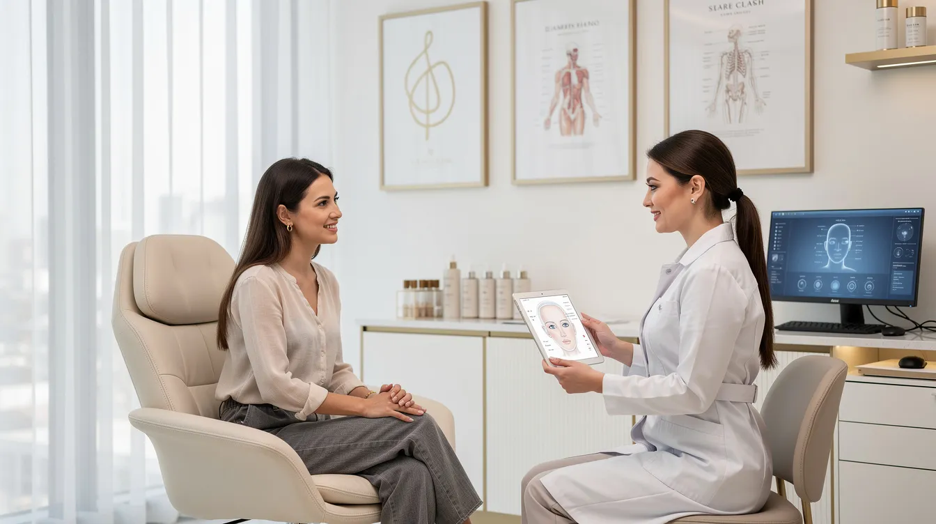 The image depicts a patient consultation in a modern aesthetic clinic, where a board-certified plastic surgeon discusses non-surgical buttock augmentation options, including dermal fillers and fat transfer techniques, to enhance the patient's body contours with minimal downtime. The setting features a clean, contemporary environment, emphasizing the focus on achieving desired results through non-invasive cosmetic procedures.
